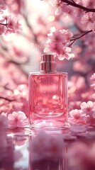 Aufkleber - Enchanting Perfume Bottle Surrounded by a Swirling Tornado of Sakura Flowers in a Serene Pink Setting Radiating Light and Elegance