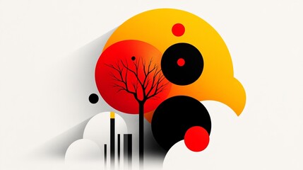 Poster - Abstract tree stands among geometric shapes with colorful circles against a white background in a digital illustration.