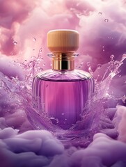 Aufkleber - Mystical Allure of a Round Glass Bottle Surrounded by Splashes of Liquid and Soft Pink Smoke, Inviting Exploration of Fragrant Elegance