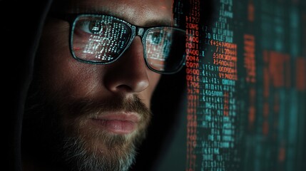 Poster - Intense Portrait of a Male Programmer Surrounded by Digital Data