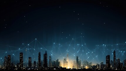 Poster - Futuristic City Skyline with Data Connections and Beams of Light
