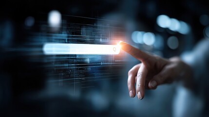 Poster - Woman Reaching Hand Towards Glowing Search Bar in Digital Space
