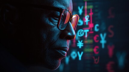 Poster - Focused Trader Analyzing Financial Chart with Glasses and Intensity