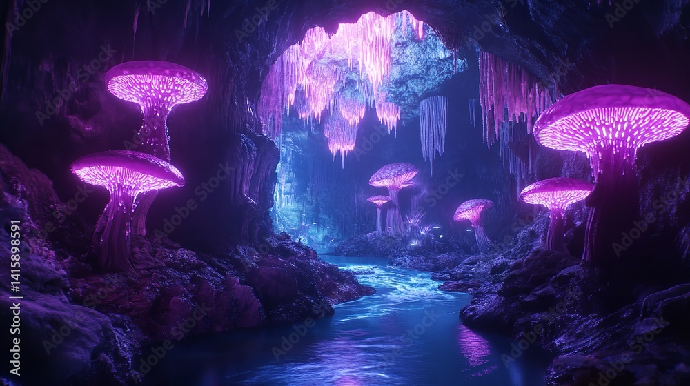 Enchanted Glowing Cave Fantasy Scene Purple Mushrooms Underground River ...