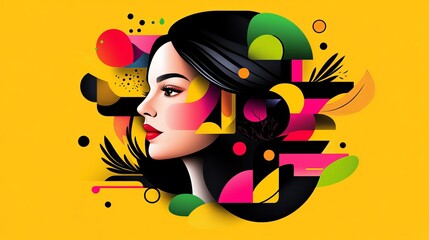 Aufkleber - digital illustration presents a woman's profile with red lips among abstract shapes on a yellow back