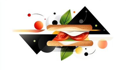 Aufkleber - sandwich illustration is layered with tomato, mozzarella, and basil, displayed amidst geometric shap
