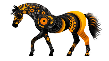 Poster - digital horse illustration shows an ornate design with black, gray, and yellow circles on a dark bac