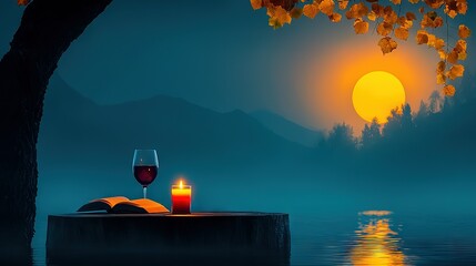 Wall Mural - a candle, book, and glass of wine rest on a table near a sunset lake