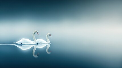 Wall Mural - a pair of swans gracefully gliding atop a serene body of water adjacent to one another