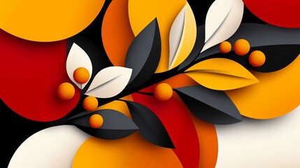 Aufkleber - abstract botanical illustration features overlapping leaves and round orange berries with orange, bl