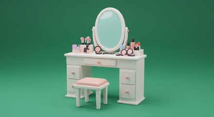 Poster - Cartoon Vanity Table with Mirror and Makeup Accessories on Green Background Interior Design Render