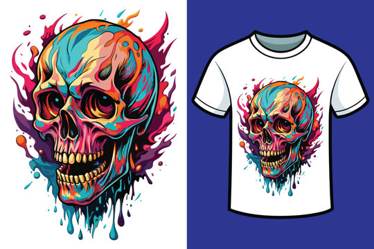 Human Skull Design With Colored Splashing Drop For T-Shirt Design