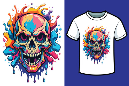 Human Skull Design With Colored Splashing Drop For T-Shirt Design