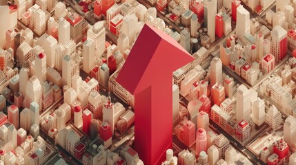 Poster - Abstract cityscape featuring a large red arrow amidst detailed buildings.
