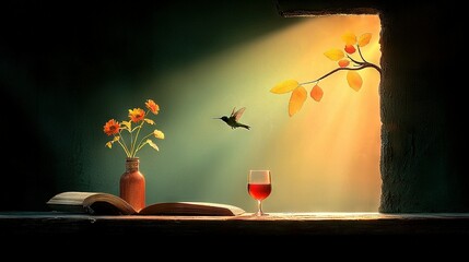 Wall Mural -   A painting of a book, vase of flowers, and glass of wine with a bird soaring above it