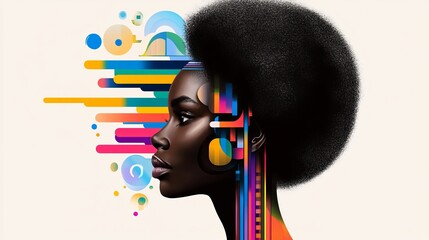 Aufkleber - woman is shown in profile with vibrant graphic elements incorporated around her head and shoulders.