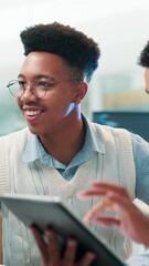 Aufkleber - Collaboration, programmer and men with tablet, office and colleagues with smile for coding or online. Business, developer and people with tech for programming, discussion or team with idea for script