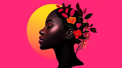 Aufkleber - dark-skinned woman poses in profile with flowers in her hair against a vibrant pink and yellow backd