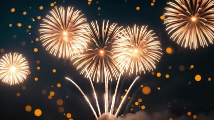 Poster - NEW YEAR CELEBRATION - Festive panorama greeting card for New Year's Eve, golden fireworks display against the dark night sky.