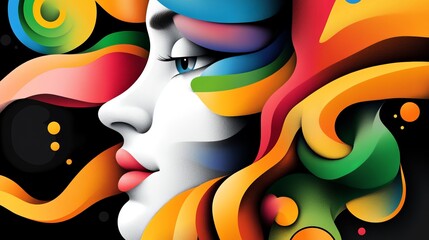 Aufkleber - illustrated woman profile showcases vibrant colorful waves and abstract shapes on a dark background.