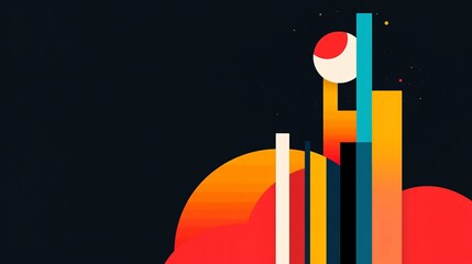 Aufkleber - abstract geometric shapes display vertical bars, semi circles, and a sphere against a dark backdrop,