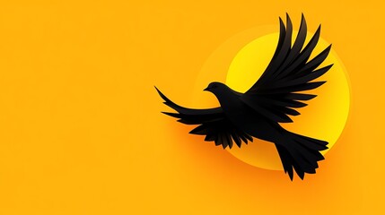 Poster - Black bird silhouette flies across a vibrant orange background with a yellow circular element.