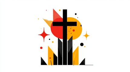 Aufkleber - black christian cross stands centrally surrounded by abstract geometric shapes and colored circles a