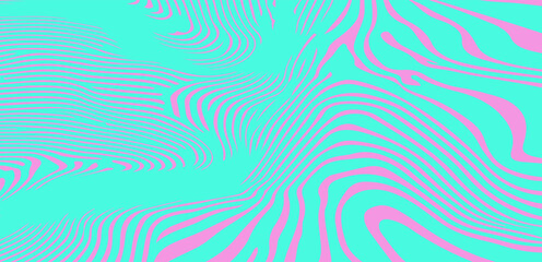 Poster - Abstract vector illustration featuring turquoise wavy zebra-like lines on a pink background, creating a modern, psychedelic, and eye-catching pattern suitable for trendy graphic designs.