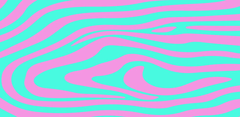 Poster - Abstract vector illustration featuring turquoise wavy zebra-like lines on a pink background, creating a modern, psychedelic, and eye-catching pattern suitable for trendy graphic designs.
