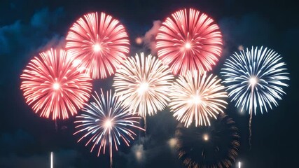 Poster - Colorful fireworks against a dark blue backdrop with bokeh effects. Celebration holiday concept.