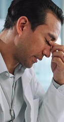 Fototapete - Scientist, man and laboratory with headache for research, medical study and anxiety for sample results. Healthcare, pharmaceutical and biologist with fatigue, burnout and stress for computer mistake