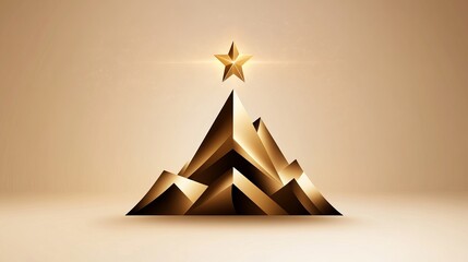 Poster - Golden star shines above stylized geometric mountain peaks against soft tan background, creating a sense of achievement.