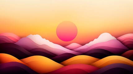 Poster - Landscape illustration features layered hills under a sunset with a pink sun, creating a serene scene.