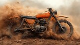 Old dirt bike kicking up dust on rugged terrain in desert landscape
