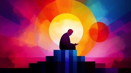 Aufkleber - silhouette of a person sits on a pedestal, reading a device against vibrant colorful background with