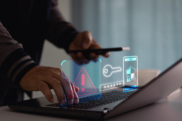 Aufkleber - Cyber crime and cyber security alert warning concept. Hand using laptop and smartphone with 2 step verification for identity identification, multi factor authentication, information secure encryption.