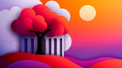 Aufkleber - stylized landscape features a black tree with red foliage beside a white fence under a yellow sun ag