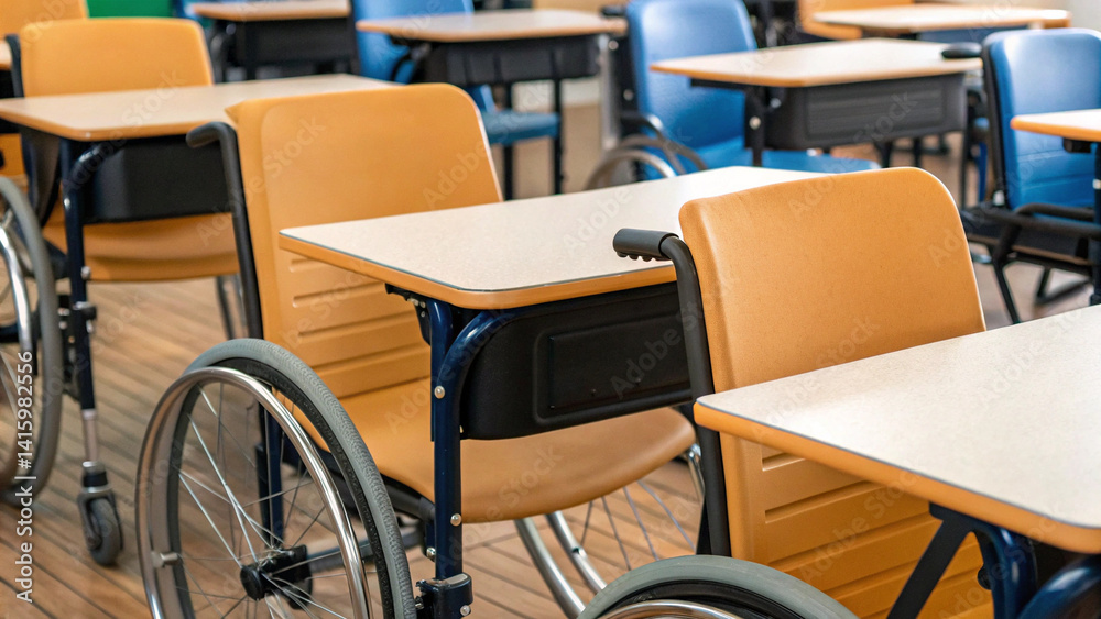 Disability advocacy concept. Classroom with accessible desks for ...