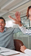 Poster - Happy, business people and success with high five at call center for sale, promotion or teamwork. Excited, consultants or agents with smile or headset for achievement, bonus or target at workplace