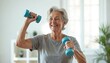 © Vadym - Smiling senior woman doing home workout with dumbbells. Mature lady exercising arm muscles, staying fit, leading healthy lifestyle. Sport in the house, active retirement. Positive emotions, wellbeing.