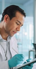 Aufkleber - Tablet, scientist and man with pen for research, thinking or writing neurology report. Medical science, test or digital technology for medicine development, problem solving or healthcare study in lab