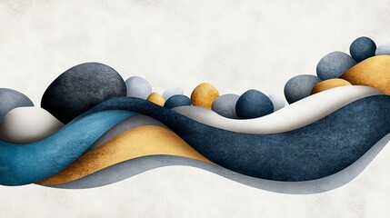 Poster - abstract illustration features flowing colorful layers and rounded stone shapes on a textured white 