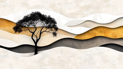 Poster - Black tree stands prominently against layered, wavy landscape in neutral tones with touches of gold, creating an abstract nature scene.