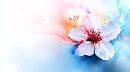 Poster - Delicate pink and white flower exhibits prominent red stamen against a swirling, ethereal pastel-colored background.