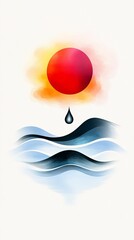 Aufkleber - digital artwork features a red sphere over stylized blue waves with a water droplet falling from the