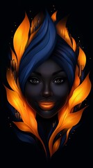 Poster - elegant woman with dark skin smiles gently while wearing a blue turban surrounded by stylized golden