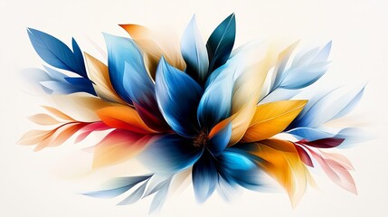Poster - Floral artwork showcases a vibrant blue flower with orange and yellow petals against a soft, white background.