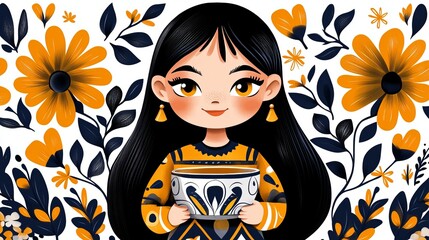 Aufkleber - illustration shows a girl holding a decorated bowl surrounded by orange flowers and dark blue leaves