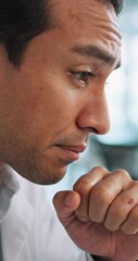 Fototapete - Scientist, man and laboratory with headache for fear, medical study and anxiety for sample results. Healthcare, pharmaceutical and biologist with fatigue, burnout and stress for computer mistake