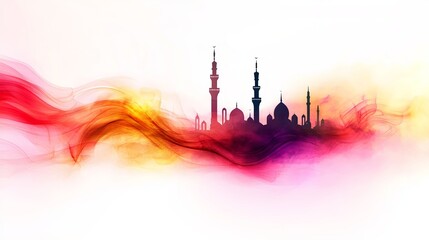 Aufkleber - mosque silhouette sits atop abstract colored smoke waves against a white background, showcasing towe